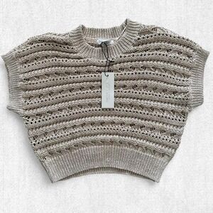 Rachel Zoe Womens Metallic Beige Crochet Knit Sweater Vest Top Small New